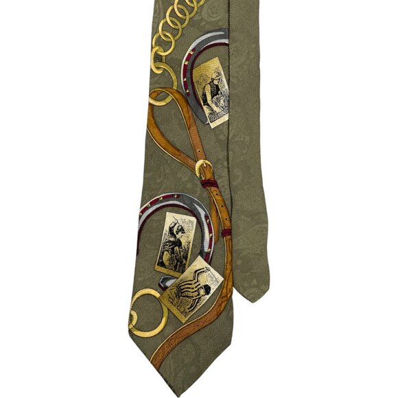 Gant Silk Tie Olive Green Equestrian Horse Racing Buckle Print - Picture 5 of 8